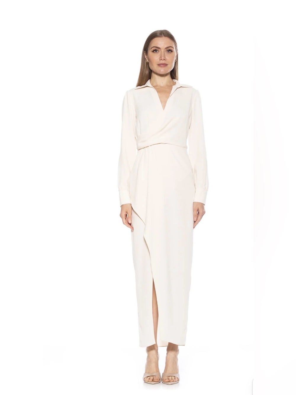 Alexia Admor Diamond Cream Faux Wrap Maxi Dress with Collar NEW NWT SZ 6